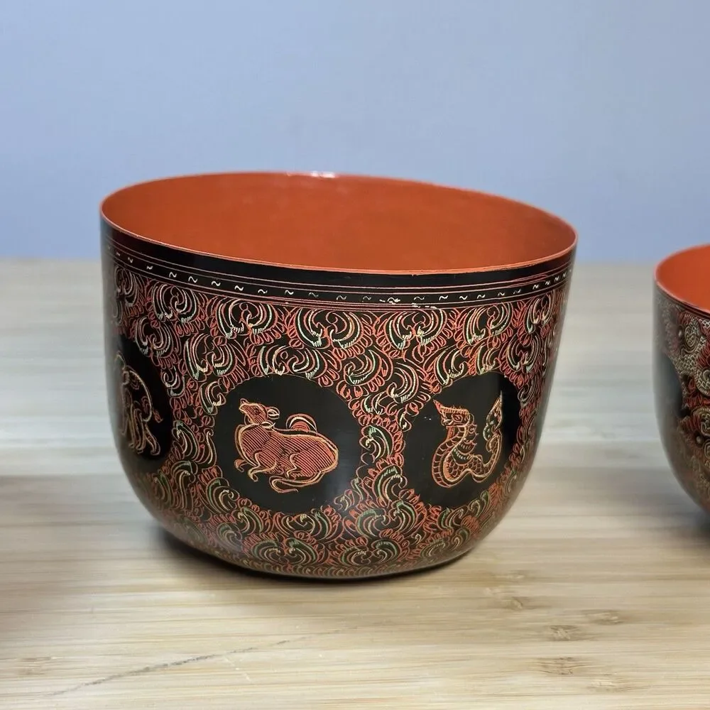 Vintage Burmese Lacquerware Bowls Cups 3- Pieces Burma Horsehair Bamboo Handmade